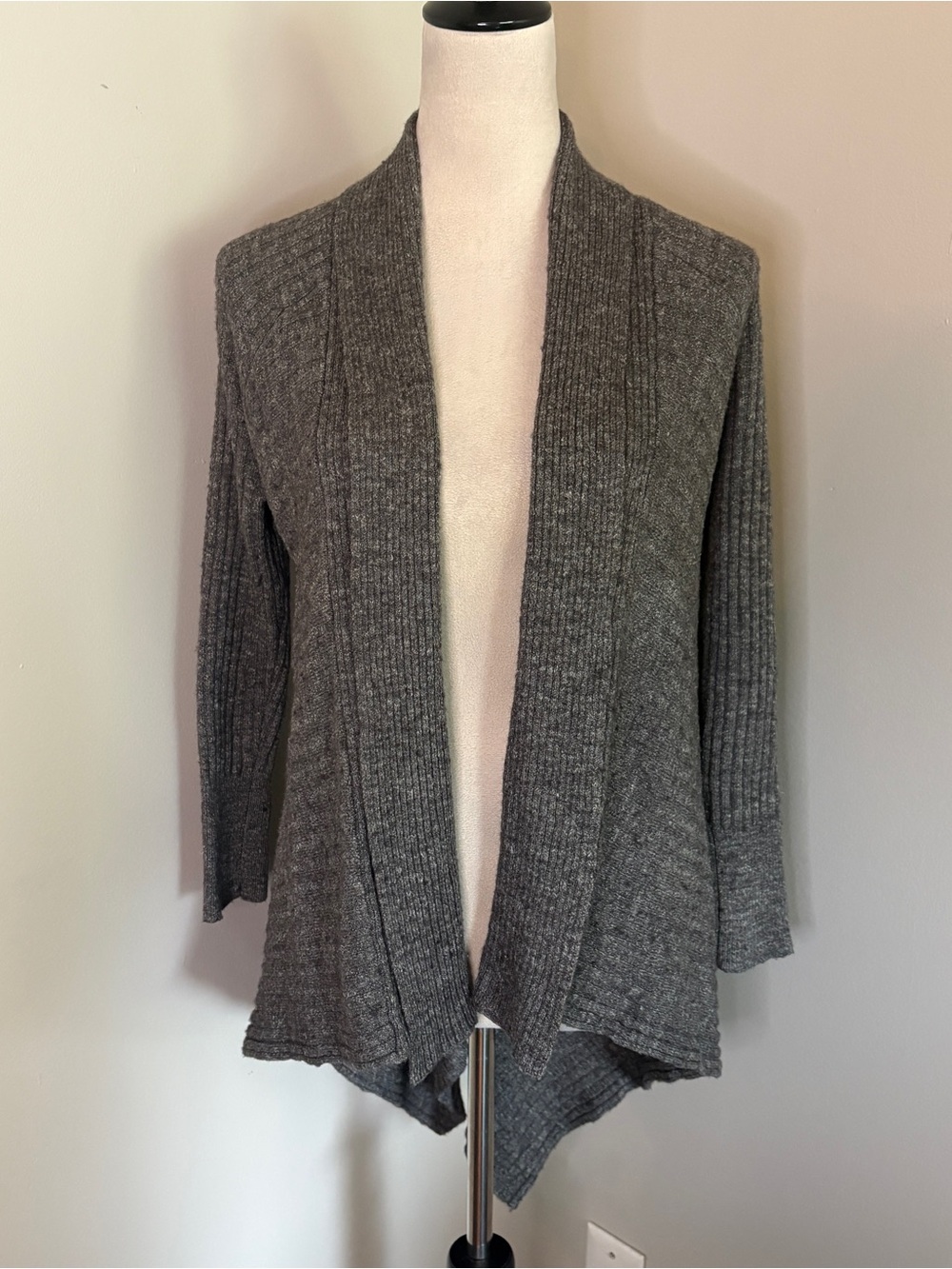 Eileen Fisher Gray Wool Linen Silk Blend Ribbed Open Front Cardigan Medium GUC